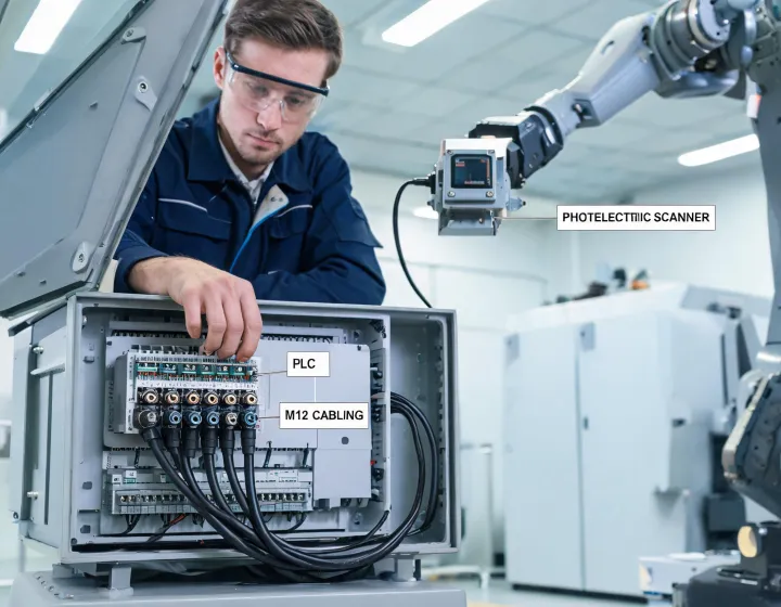 Automation engineer integrating photoelectric scanners on a robot cell